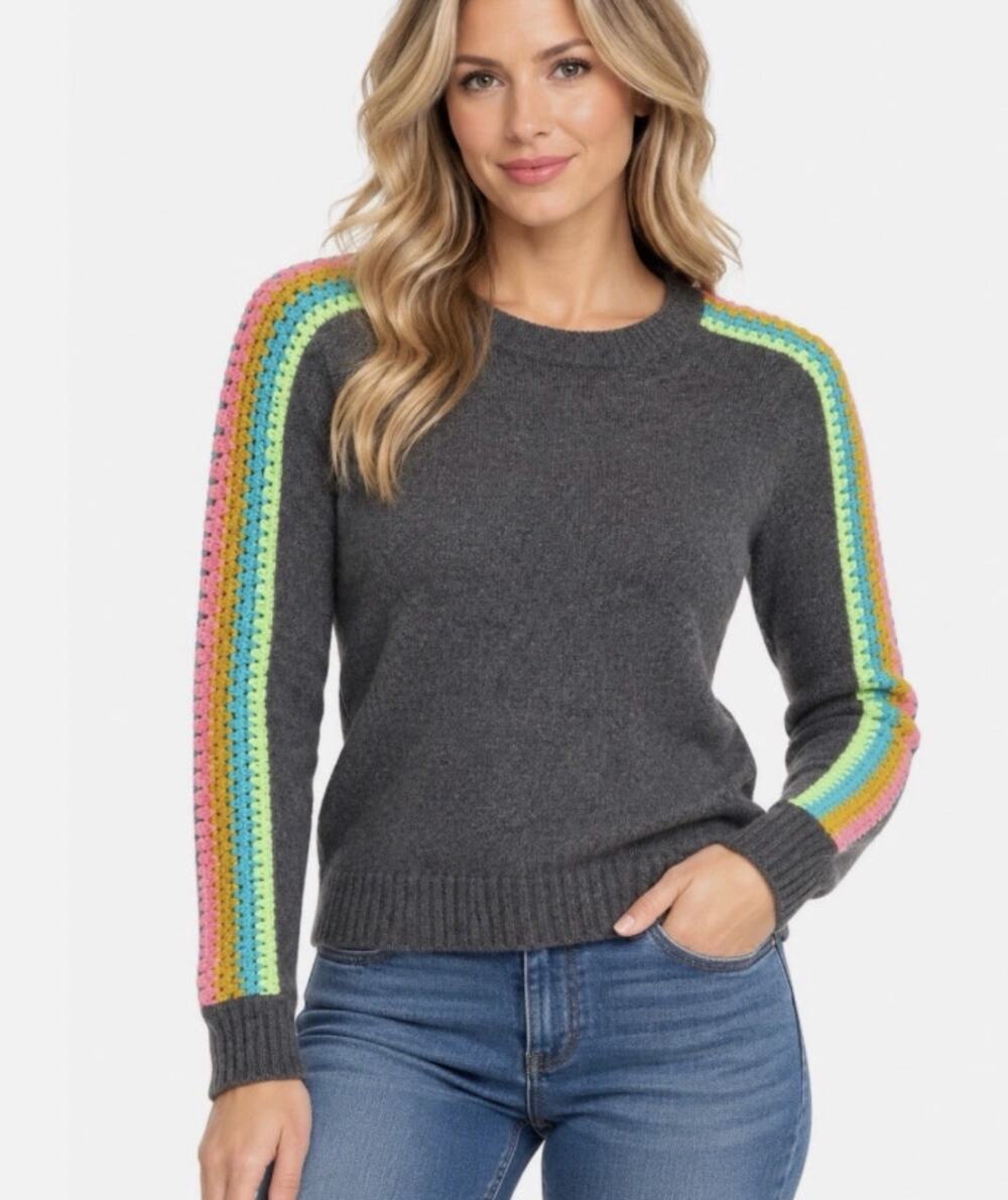 Lisa Todd Crochet strip gray cashmere sweater. Medium